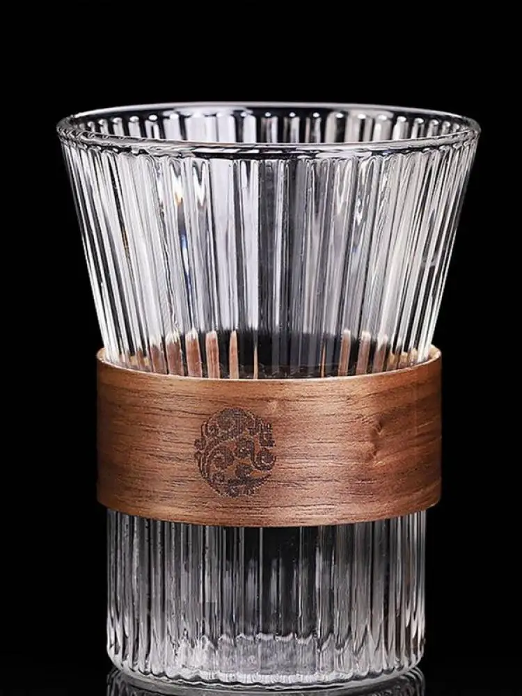 

High Borosilica Vertical Tea Cup Transparent Striped Glass Cup With Wooden Handle Household Kitchen Drinkware Kitchen Accessorie