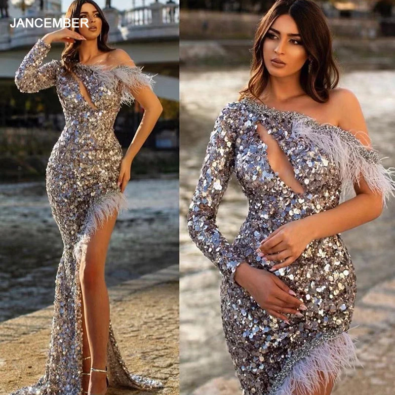 Фото J67070 JANCEMBER Платья для выпускного вечера 2020 на одно плечо с блестящими перьями и блестками на шнуровке сзади со шлейфом Роскошная русалка №1