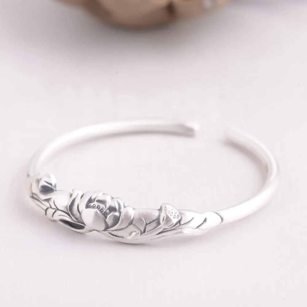 HFANCYW Pure S990 Thai Silver Matte Craft Female Silver Bracelet Wholesale Silver Lotus Bangle Mom's Birthday Gift Hand String