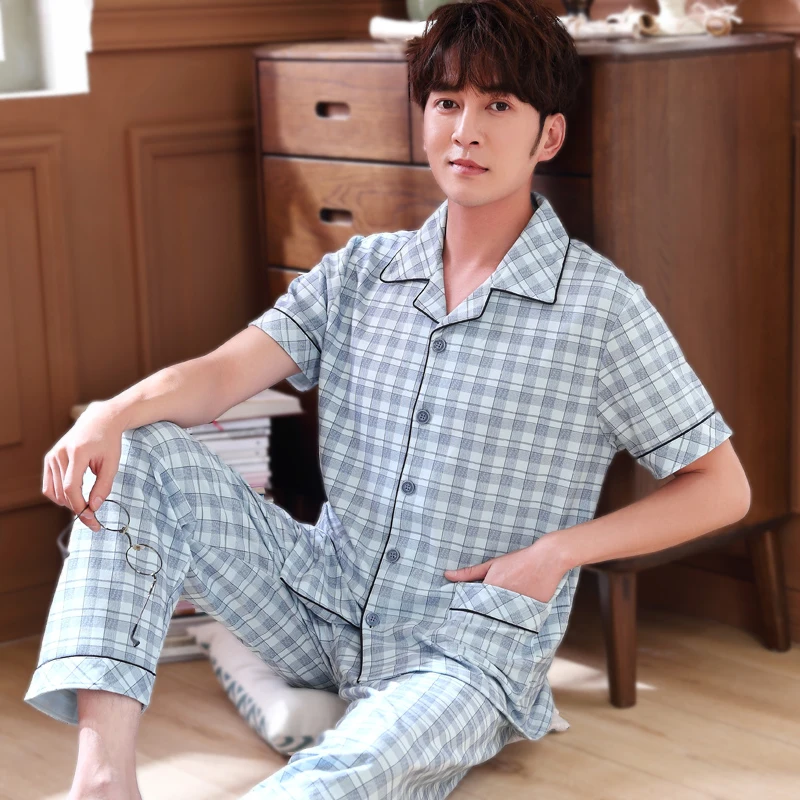Casual Loose Sleepwear Thin Summer Korean Pajamas Long Bedroom Cotton Comfy Set Sleepwear Szata Zestawy Men's Sleep DB60SY