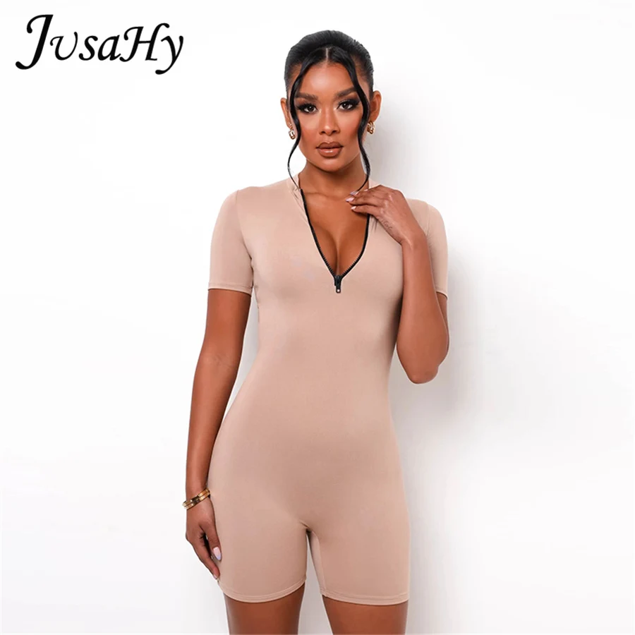 

JusaHy Sporty Hot Deals Basic Playsuits For Women Activity Simple Biker Blackless Overalls Playsuits Female wholesale Jumpsuits