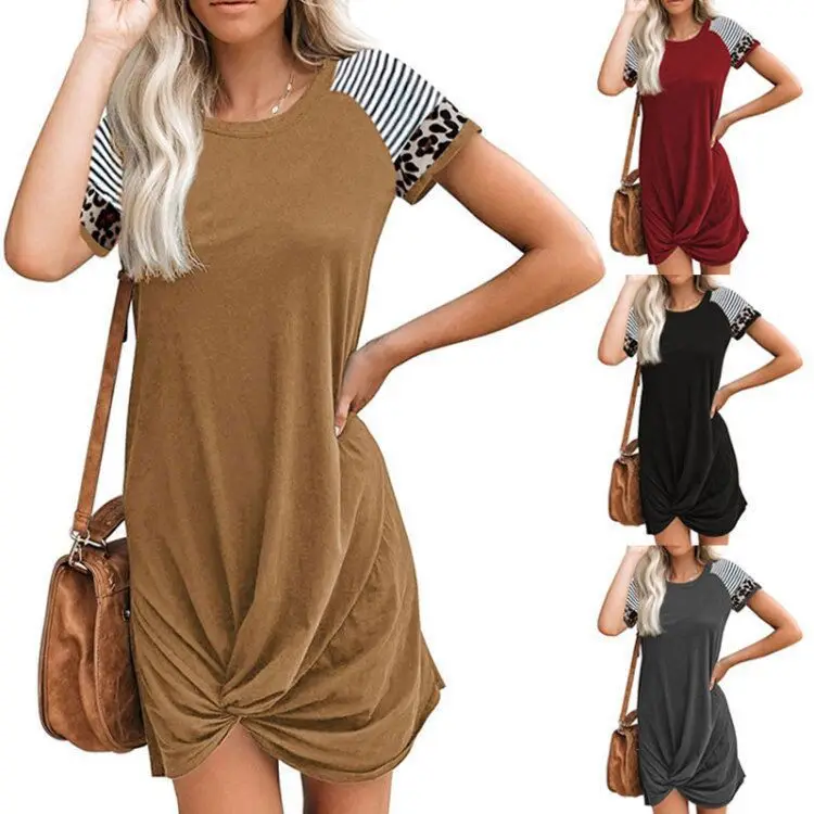 

Large Size Women's 2021 Spring / Summer New Fashion Round Neck Short Sleeve Dress Sleeve Leopard Print Stitching Short Sleeve