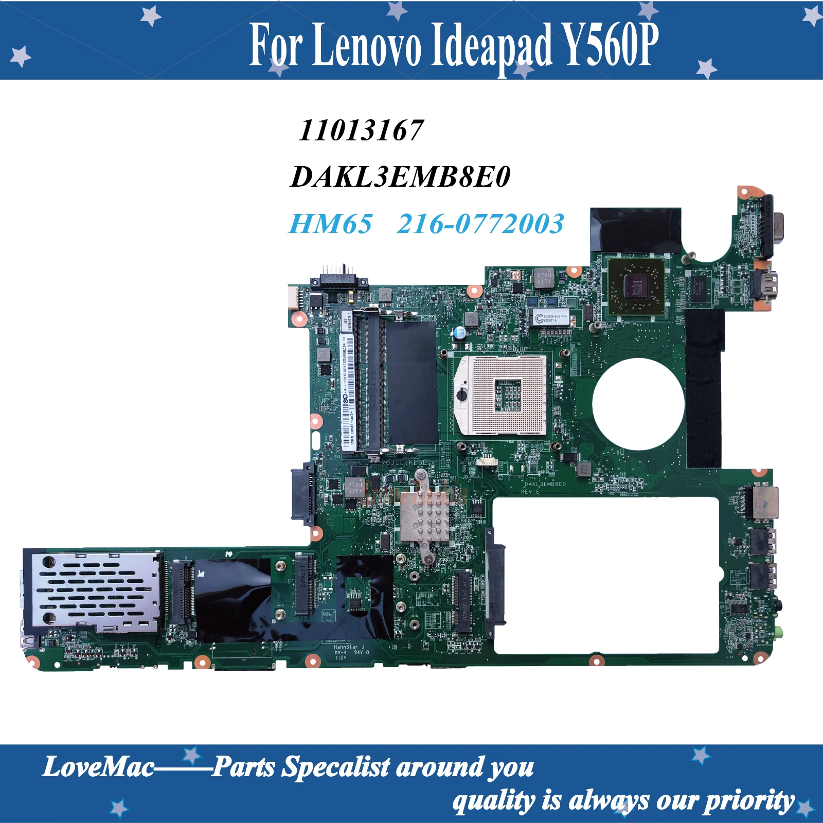 Высокое качество FRU:11013167 Lenovo Ideapad Y560P HM65 Материнская плата 11013167 DAKL3EMB8E0 216-0772003 100%