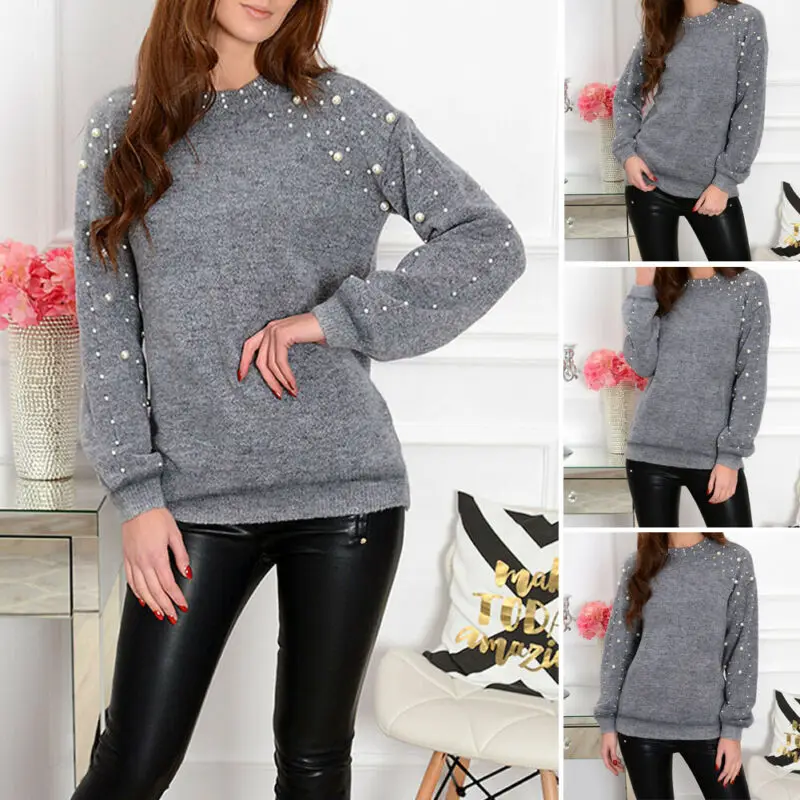 Women Knitted Solid Round Neck Pearl Oversized Loose Sweater Crew Cashmere Jumper Ladies Winter knit Long Pullover Tops | Женская одежда