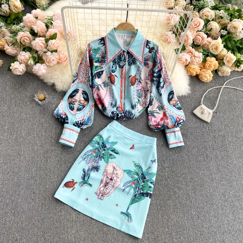 

2021 Spring Autumn European New Polo Collar Puff Sleeve Shirt Top High Waist Slim Skirt Retro Printing Fashion Two Pieces Suit