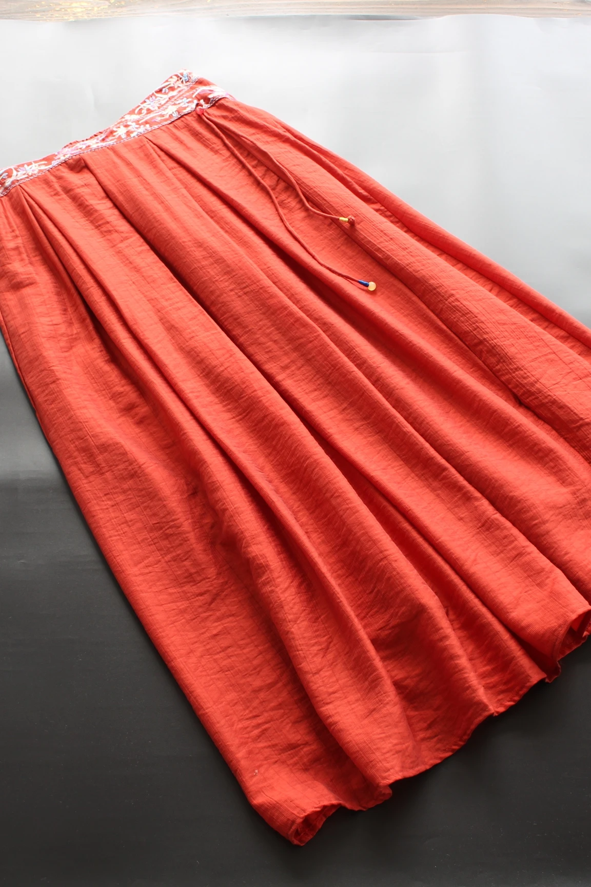 

new summer skirt women RETRO elastic waist embroidery lace-up decoration solid casual skirt