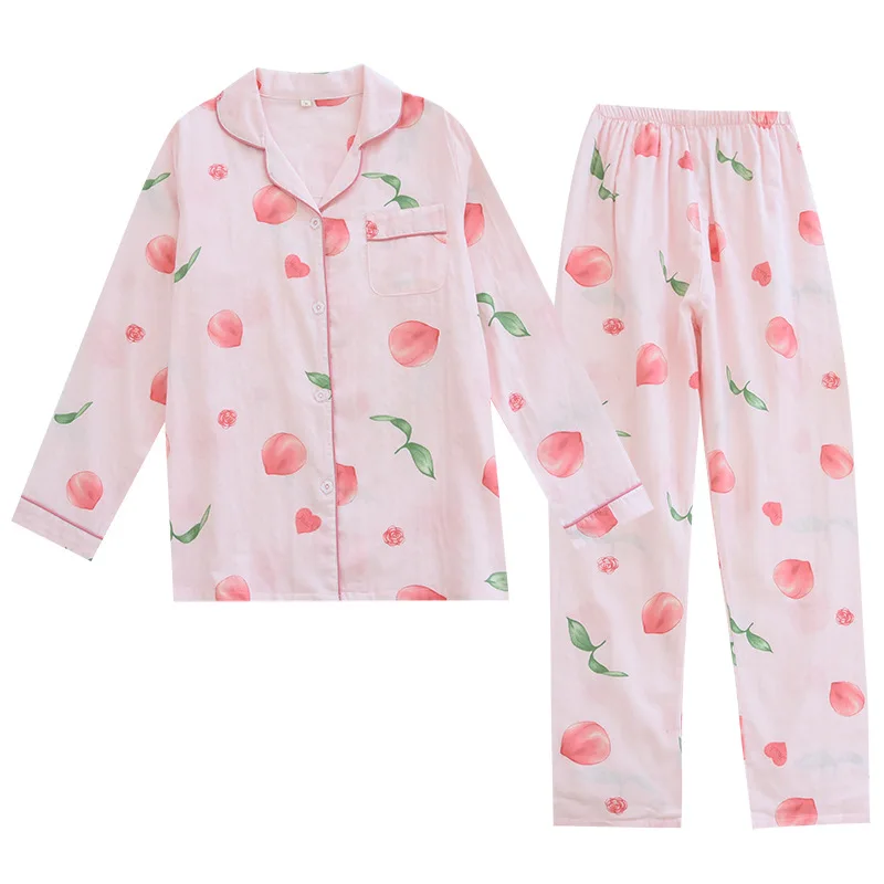 Spring/summer New Pajamas Set Women Pure Cotton Gauze Long Sleeve Peaches Pajamas Set for Ladies Soft Thin Comfortable Home Wear