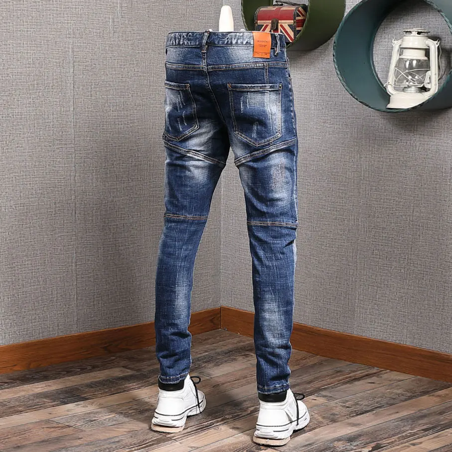 European American Street Fashion Men Jeans Retro Blue Elastic Slim Ripped Jeans Men Spliced Designer Hip Hop Denim Punk Pants
