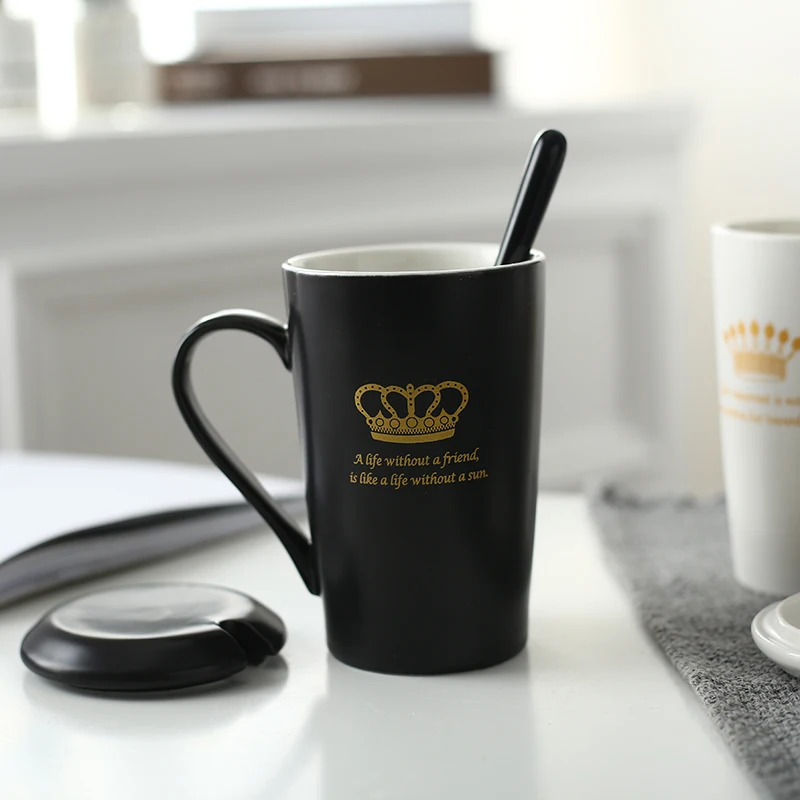 400ML Large Capacity Ceramic Mug Coffee Tea Milk character pattern Black and White with cover spoon