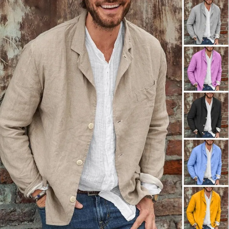 

2021 Summer Autumn Retro Men Solid Color Fashion Buttoned Turn-down Collar Blazer Thin Cotton Linen Male Slim Suit Jacket S-3XL