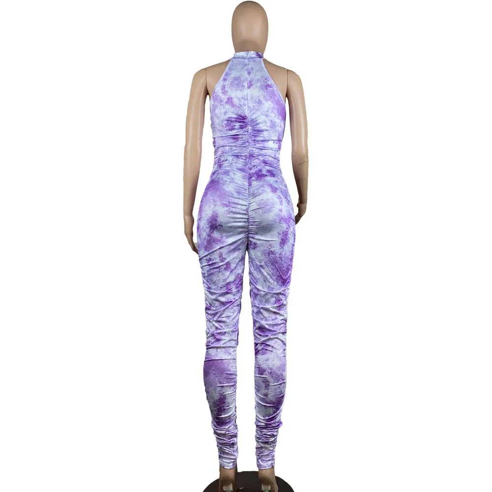 

Purple Tie Dyeing Print Stacked Jumpsuit for Women Deep V Neck Sleeveless Bandage Romper Streetwear Off The Shoulder Bodysuits