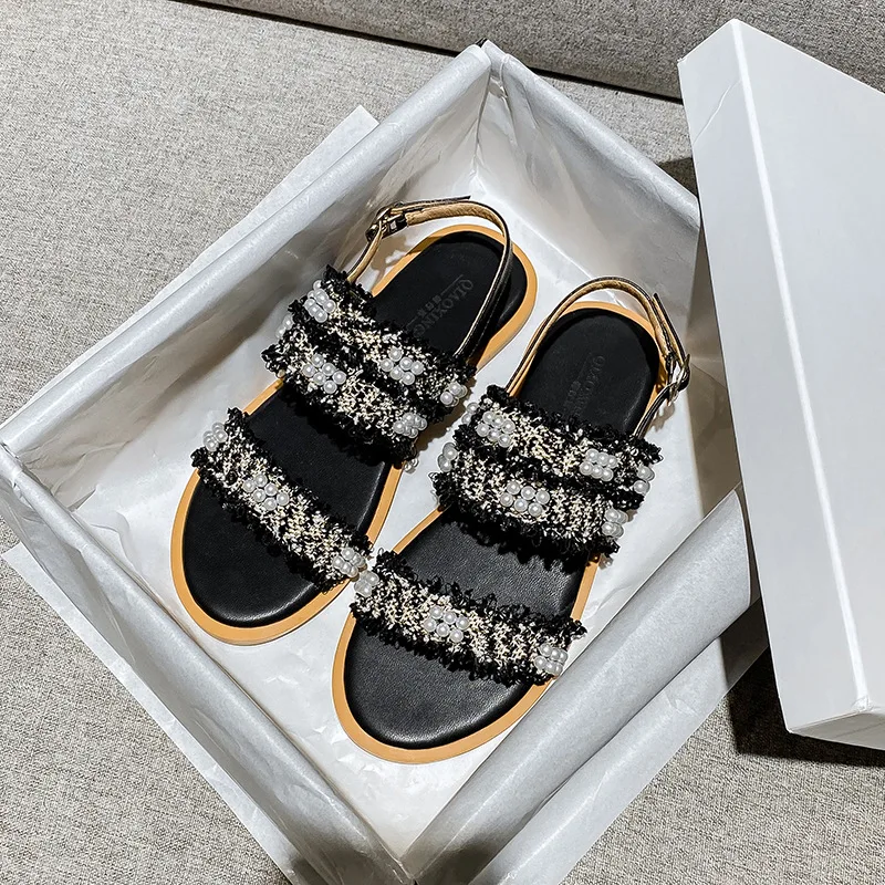 

Summer women's sandals 2021 fashion designer outdoor leisure fashion pearl slippers With low shoes for women flat mules41-43size