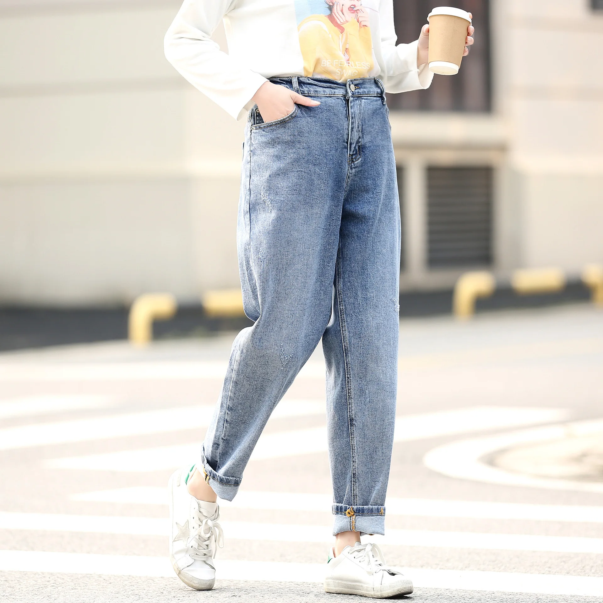 Женские весенние джинсы женские шаровары синие джинсовые брюки эластичные