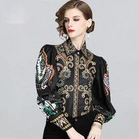 new arrival print shirt women blouse vintage work casual tops chiffon blouse puff sleeve loose women business shirts