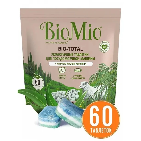 Экологичные таблетки BioMio Bio-Total 7в1 для посудомоечной машины с эвкалиптом 60шт. | Дом