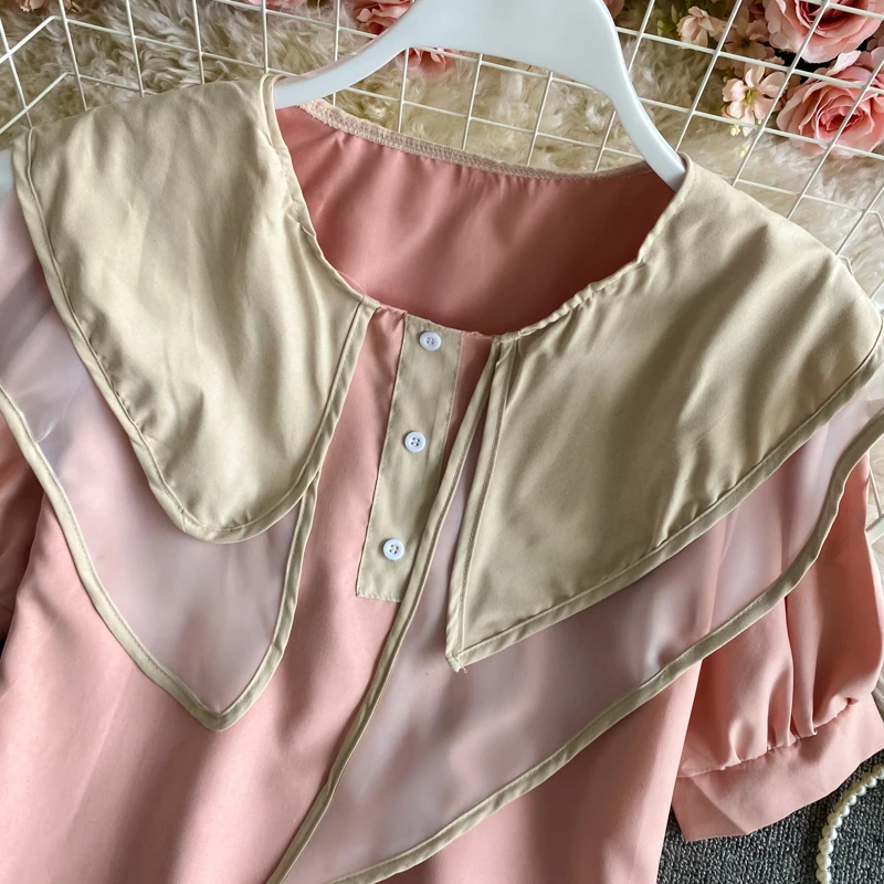 

KUSAHIKI 2021 Summer Women Blouse Hit Color Double Peter Pan Collar Shirt Causal Puff Short Sleeve Blusas Mujer De Moda 6F805