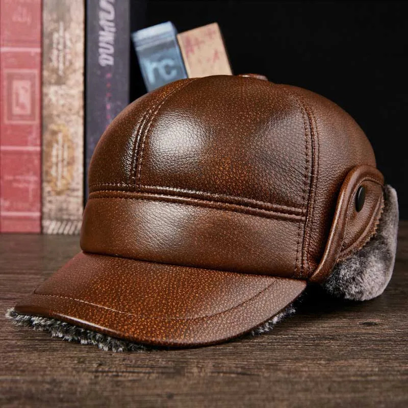 

Winter Men's Leather Baseball Cap Genuine Leather Warm Plus Thick Velvet Earflap Hat Middle Aged Old Age Dad Cap