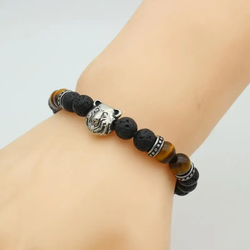 Прекрасный Титановый стальной браслет медведь вулкан Лава тигровый глаз камень
