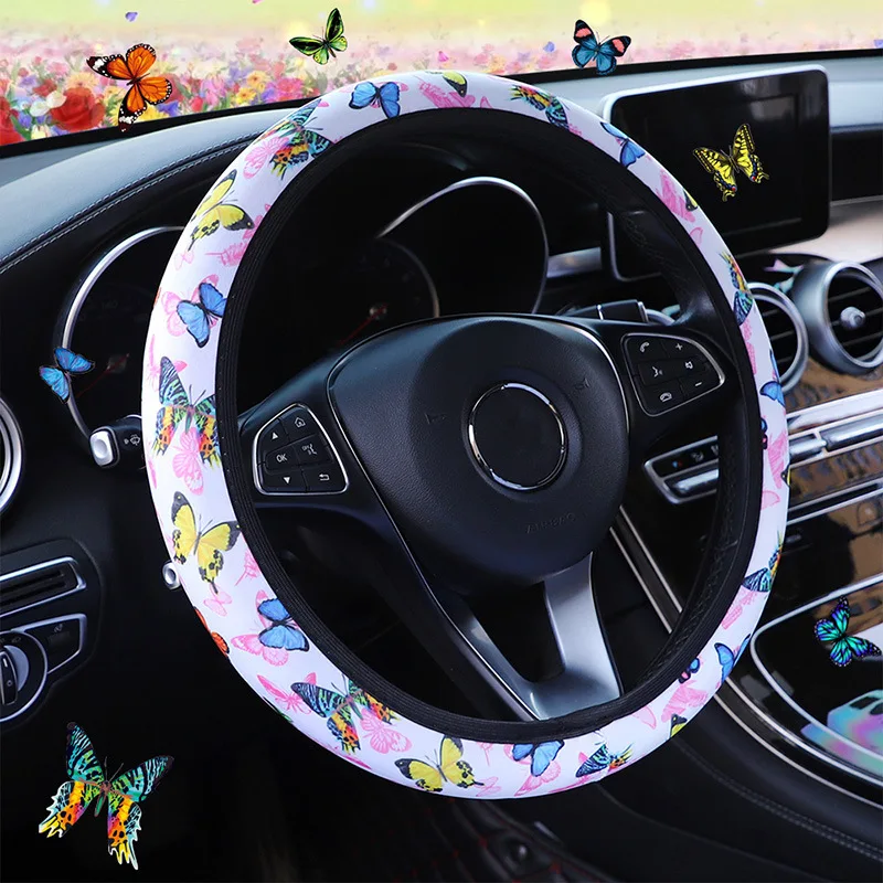 

Automobile steering wheel cover diving material flower butterfly no inner ring elastic belt handle cover 38cm
