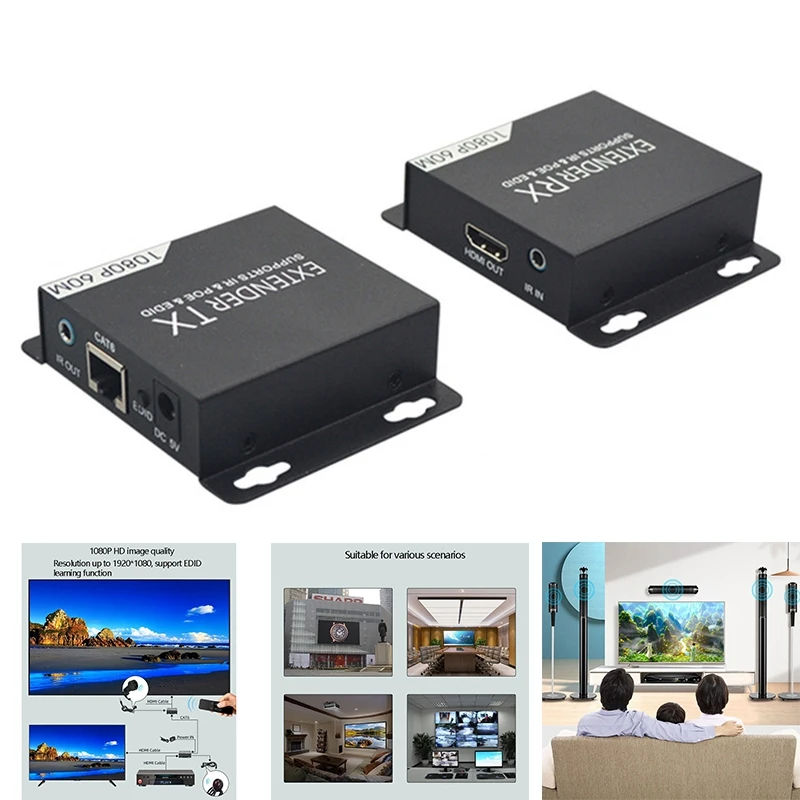 

60 м HDMI передатчик приемник POE EDID Over Cat 5E/6 RJ45 для ПК ТВ