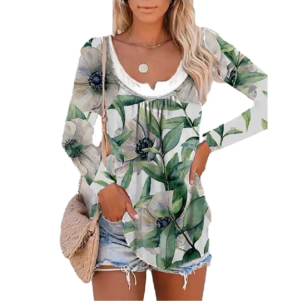 

Women Tshirts 2021 Autumn New Long-sleeved Printing Fake Two-piece Bottoming Shirt Round Neck Pullover T-shirt Women Donsignet