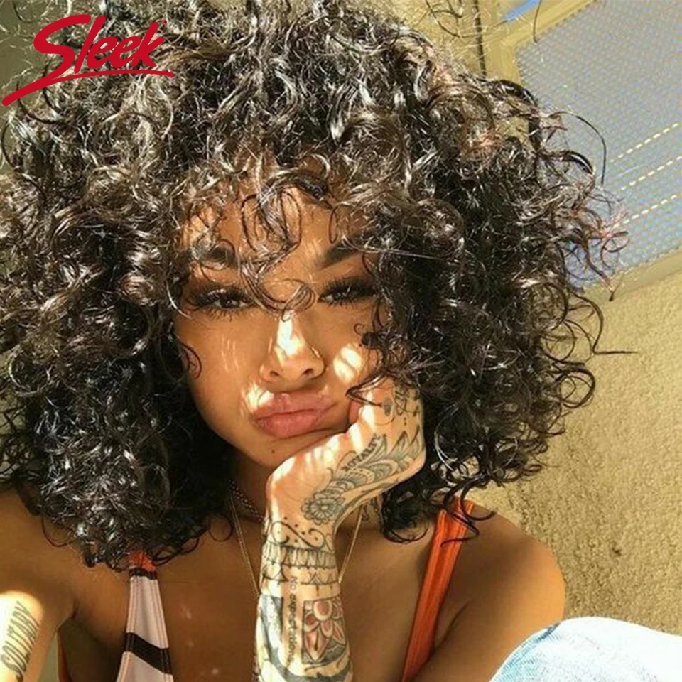 

Sleek Human Hair Wigs Kinky Curly Wig With Bangs For Women Brazilian Hair Short Bob Wig Natural Color Short Human Hair Wigs