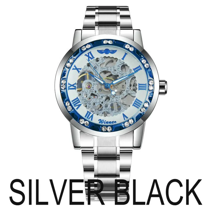 SILVER BLACK WINNER модные деловые механические мужские часы от ведущего бренда, роскошные часы со скелетонным циферблатом и кристаллами, наручные часы, Лидер продаж - Цвет: SILVER BLACK