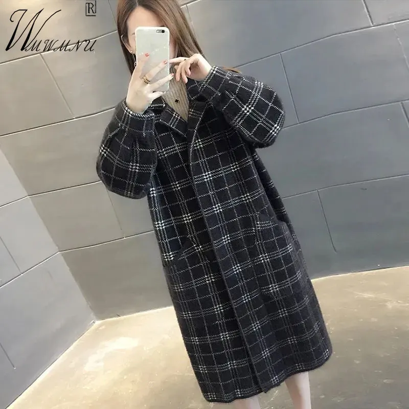 

Korean Fashion Plaid Winter Coats Women Vintage Thicken Imitation Mink Velvet Jackets Female Casual Loose Black Sweater Overcoat