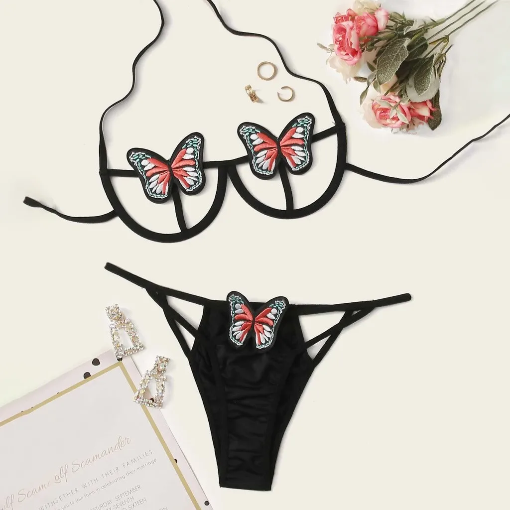 Women Sexy Butterfly Lingerie Set Hollow Out Bra Party Sets Black 2 Piece 2020 Female Push Up Lingeries Dropship Z | Женская одежда
