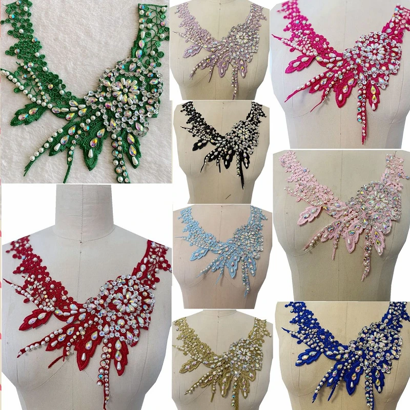 

1 Piece Embroidery Pearl Rhinestone Lace Neckline Fake Collar Accessories Ladies Girls Lace Fabric Decoration For Wedding Dress