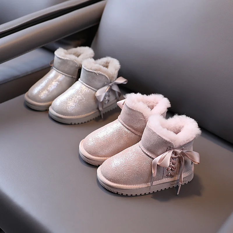 

1-12 Years Old Children's Snow Boots 2021 Soft Leather Kids Plush Warm Shoes Baby Toddler Girls Bling Sequins Bow Cotton Shoes