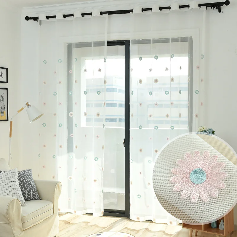 

Rustic Flower Embroidered White Curtains For living room Sheer Window Screen Pink Flower Tulle Drapes for Kitchen rdeaux