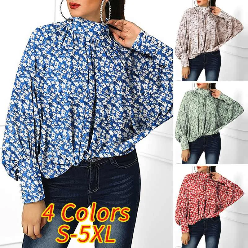 

2021 VONDA Women Tops Casual Stand Neck Long Bat-Sleeve Solid Blouses Plus Size Elegant Bohemian Party Blusas Femme S-5XL