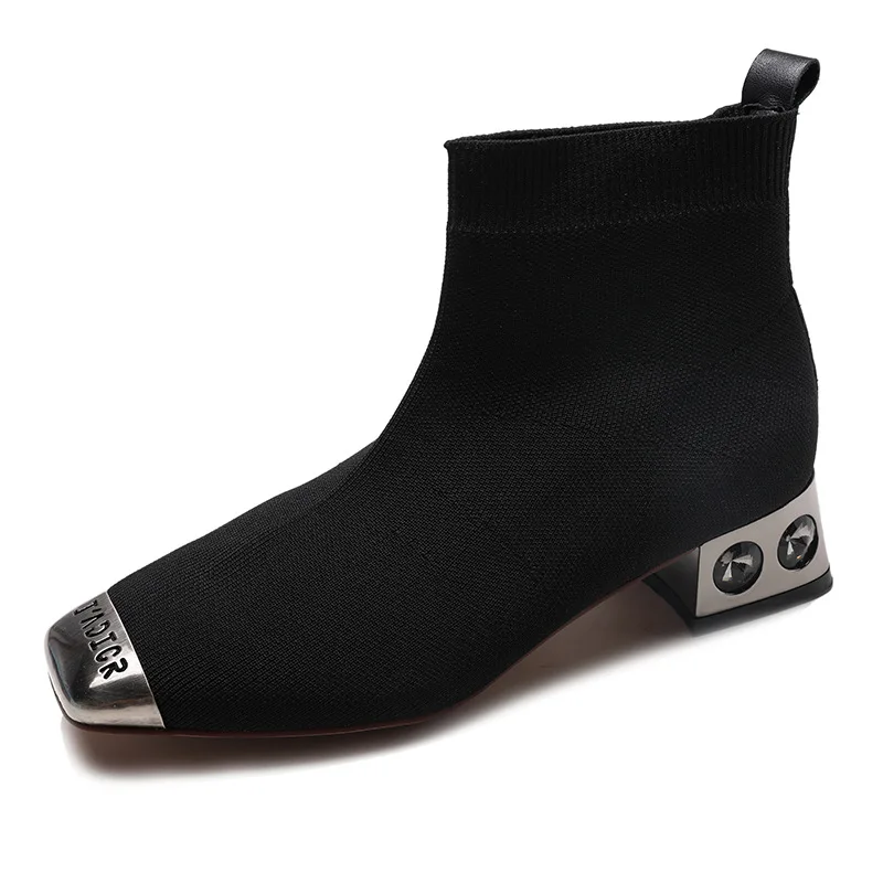 

Chelsea Boots Women Fashion knitting Short Boots Metal Square-Toe Slim Flats Shoes Women Black British Style Ankle Boots