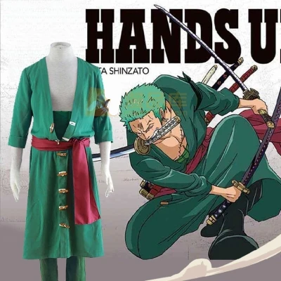 

Костюм Аниме One Piece Roronoa Zoro на два года, мужской косплей, Тренч на пуговицах, штаны, пояс, повязка на голову, костюм рога