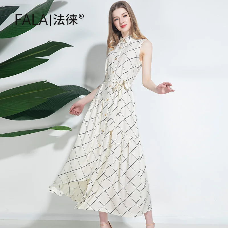 

Summer New 2021 Design Casual Sleeveless Double Breasted Long A Line Plaid Beige Lanon Shirt Dress Woman