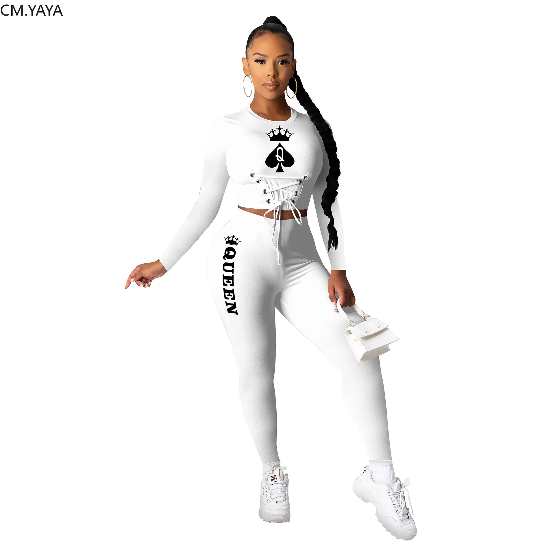 CM.YAYA Black Queen Spade Q Women Lace Up Waist Tee Tops Pencil Pants Suit Active Wear Tracksuit Two Piece Set Fitness Outfits |