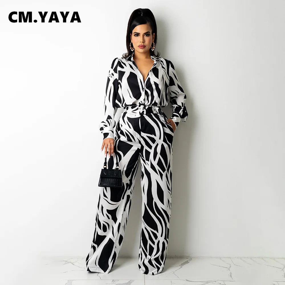 

Женский костюм-двойка с принтом CM.YAYA, комплект из топа с длинным рукавом и отложным воротником и свободных широких брюк с поясом, модная осен...