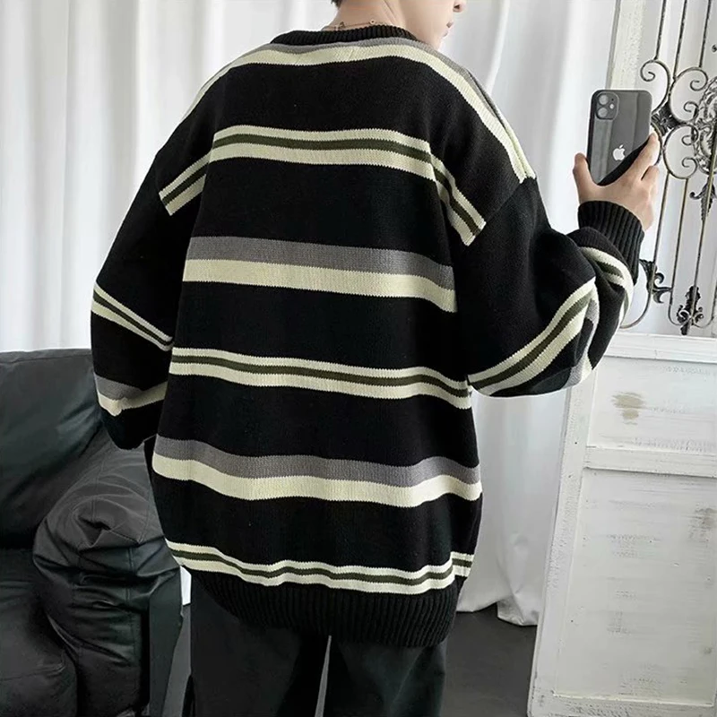 

Men Pullovers O-neck Striped Sweaters Harajuku Stylish Plus Size 3XL Loose BF Retro Street Wear Soft Knitwear Ins Vintage Cozy