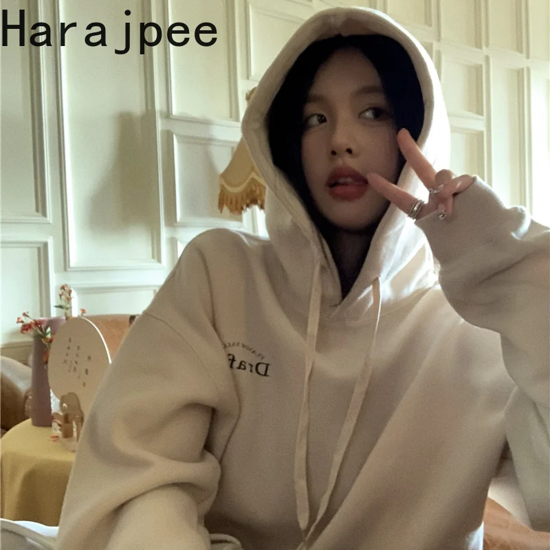 

Harajpee Hoodies Plus Velvet Loose Casual Hooded Sweatshirt All-match Korean 2021 Autumn and Winter Women New Coats Chic Ins