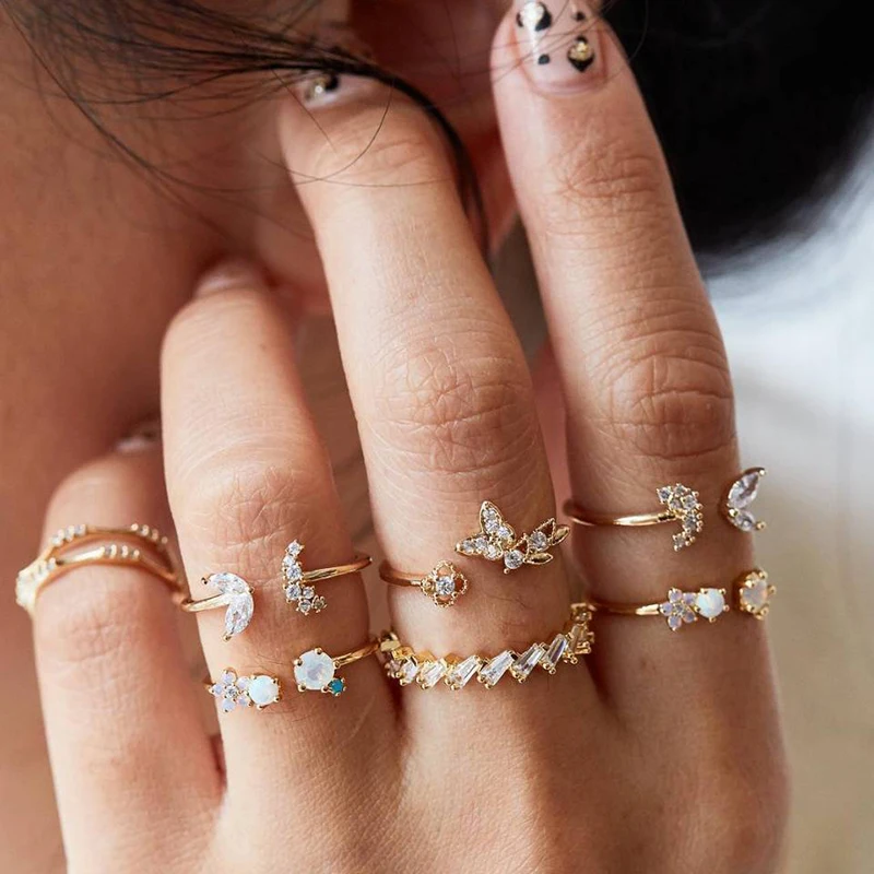 

7Pcs/Set Gold Crystal Opal Joint Ring Set For Women Bohemian Butterfly Star Moon Geometric Knuckle Ring Jewelry Gift