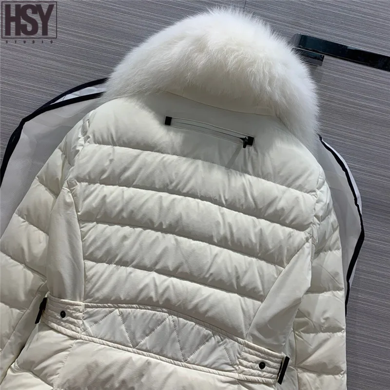 【HSY】 Осень Зима женский пуховик Белый Лисий меховой воротник 90% белый гусиный пух уличная Лыжная Талия пуховик черный/whi