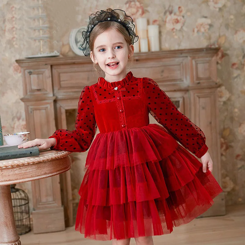 

Modern Long Sleeve Velvet Girls Red Performance Dress Christmas Outfit Cloth Wedding Party Kids Dress for Girls 4 7 9 12 14 Year
