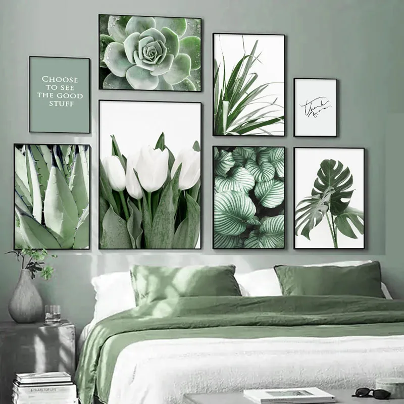 

White tulip green orchid aloe monstera plant art canvas painting nordic posters and prints wall pictures for living room decor