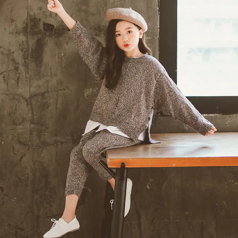 2019 г. Новые зимние комплекты одежды для девочек Детский костюм вязаная одежда