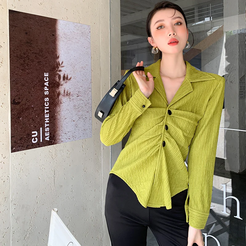 

Женская приталенная рубашка с длинным рукавом, Повседневная рубашка горчичного и зеленого цветов со складками, весна-осень, женская улична...