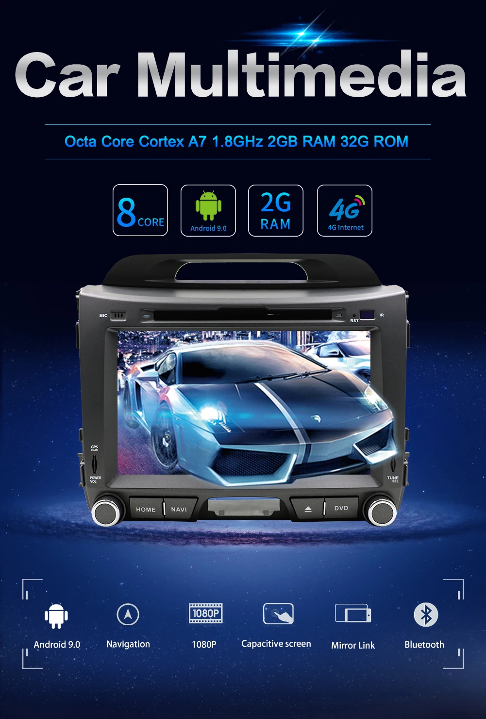 Восьмиядерный для KIA Sportage 2011- Android 9,0 2 din Автомобильный dvd-плеер Радио Стерео gps навигация wifi карта камера заднего вида 32G