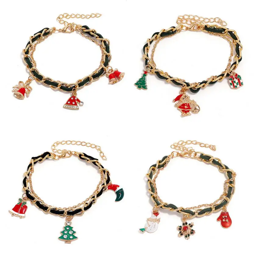 

2021 Christmas Bracelets for Women Fashion Layered Link Chain Mini Enamel Christmas Tree Bell Snowman Charm Bracelets Bangles