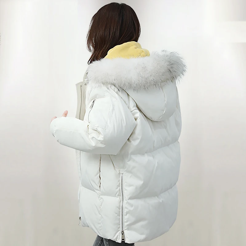 Женский пуховик с капюшоном Зимняя парка мехом 90% пуха белой утки длинная верхняя