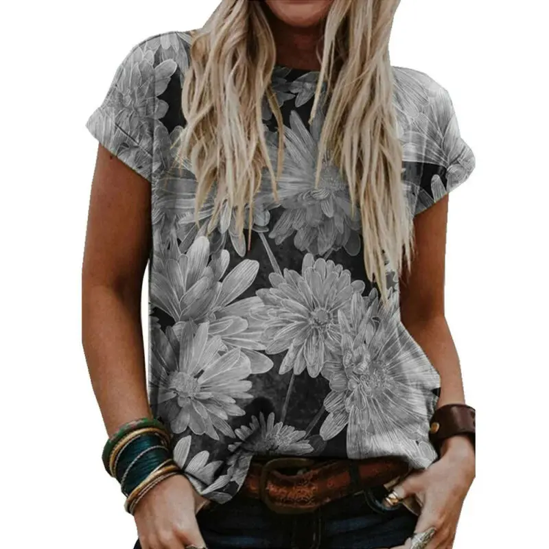 

Женская футболка с цветочным принтом, летняя графическая футболка, женские топы, Повседневная футболка с коротким рукавом и вырезом лодочк...